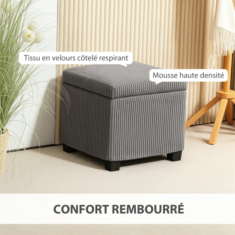 HOMCOM Coffre pouf rangement 30 L avec couvercle amovible, ottoman cube rembourré en velours côtelé, 40 x 40 x 40 cm, gris