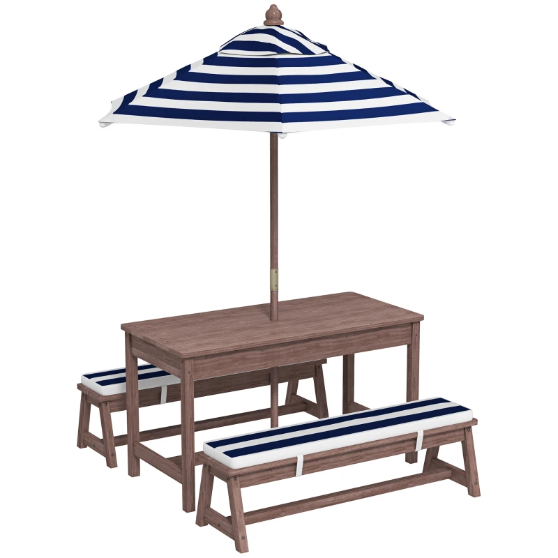 AIYAPLAY Ensemble salon de jardin extérieur enfant avec coussins et parasol amovible, rayé bleu marine et blanc