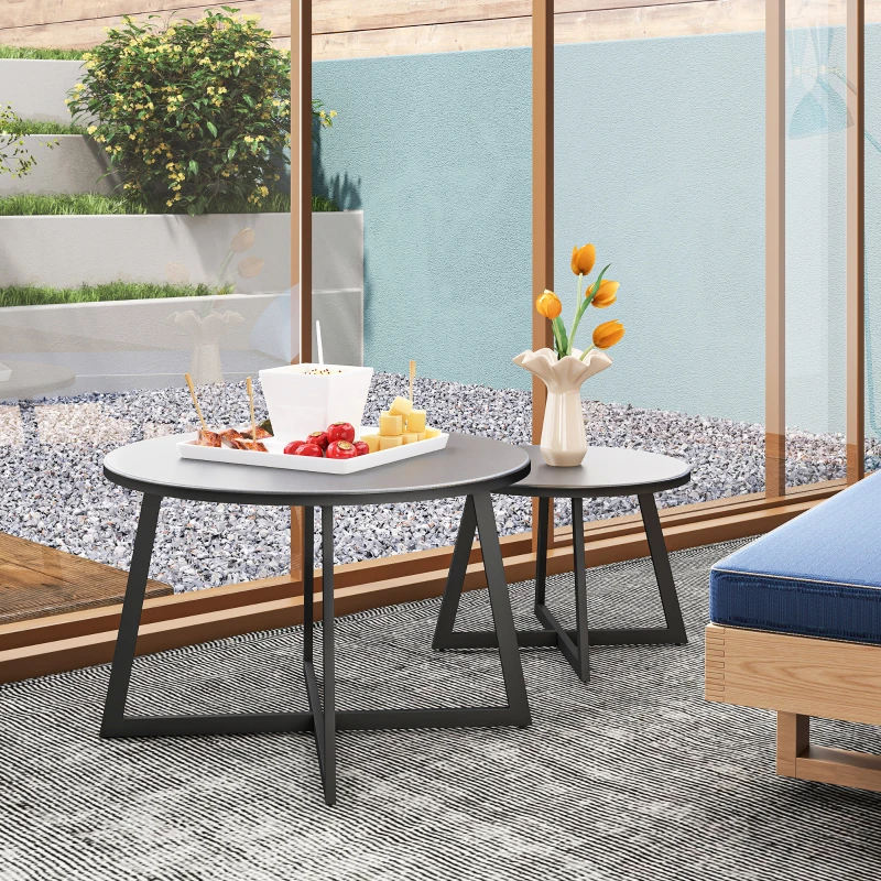 Outsunny Set 2 Tavolini per Esterni con Piano in Vetro Temperato, Ø70x45 cm e Ø50x35 cm, Grigio