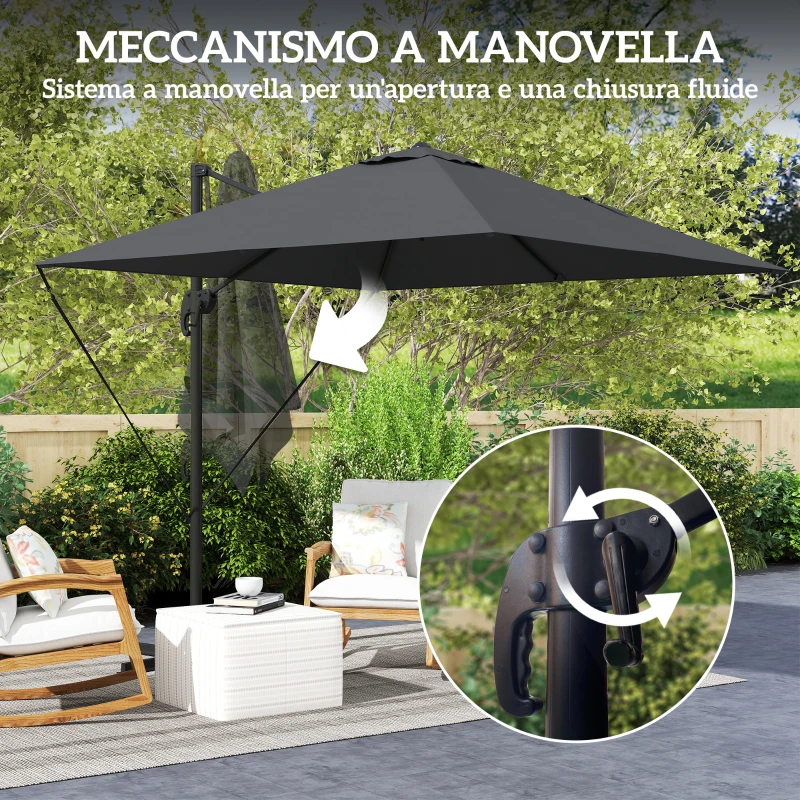 Outsunny Ombrellone da Giardino 2.5x2.5 m a Braccio, Girevole a 360° con Manovella e Base a Croce, Grigio Scuro