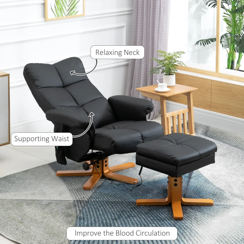 HOMCOM massagestoel met voetenbank relaxstoel kantelbaar tot 145° kunstleer zwart 80 x 86 x 99 cm