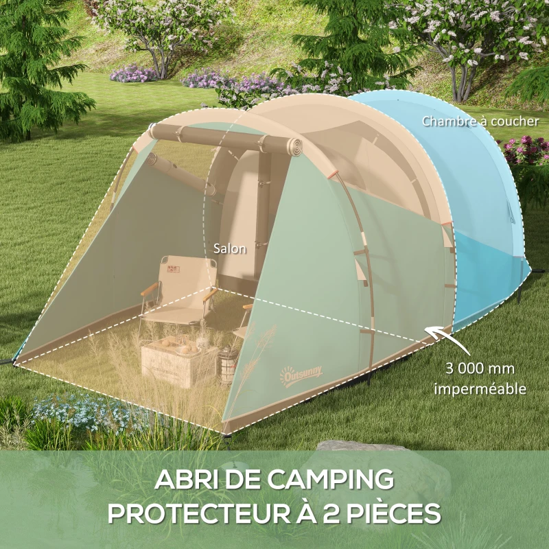 Outsunny Tente de camping familiale 3 personnes, tente tunnel imperméable, 2 portes fenêtres, ventilée 4,6 x 2,6 x 1,9 m, bleu