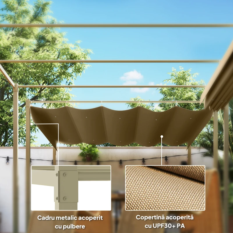 Outsunny Pergolă de Grădină cu Acoperiș Retractabil și Sistem de Prindere Magnetic, 298x297x221 cm, Kaki(m-6)