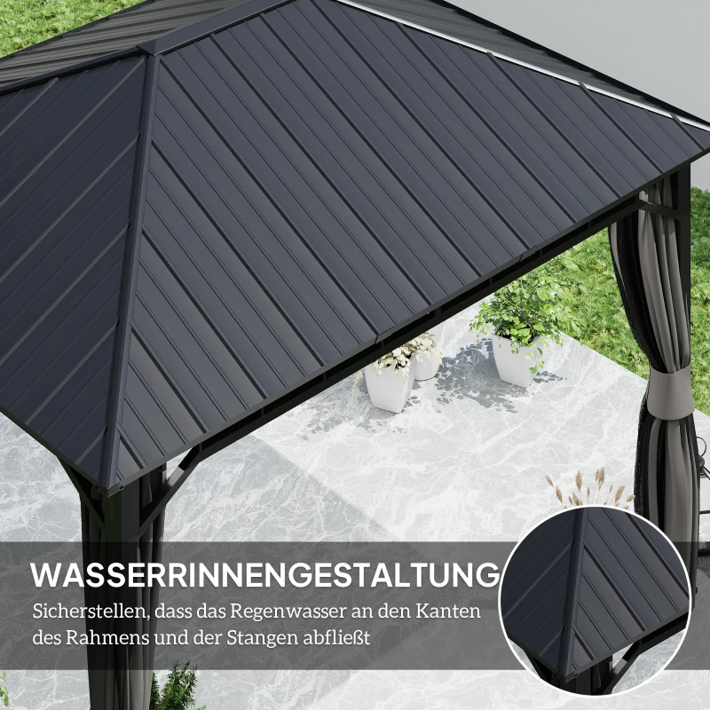 Outsunny Garten-Pavillon, Metallpavillon, wasserfest, UV-beständig, Terrassenpavillon mit Netzwänden und Vorhängen, Dunkelgrau