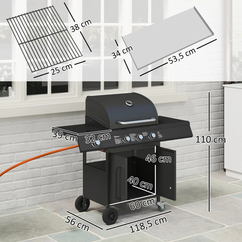 Outsunny Verrijdbare Gasbarbecue met Opbergruimte, Zijtafel, Zijbrander, Warmhoudrek, Thermometer, Roestvrijstaal, Zwart