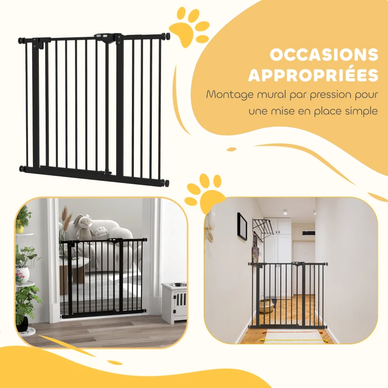 PawHut Barrière de sécurité animaux porte fermeture automatique système de double verrouillage sans perçage 1 extension noir(m-6)