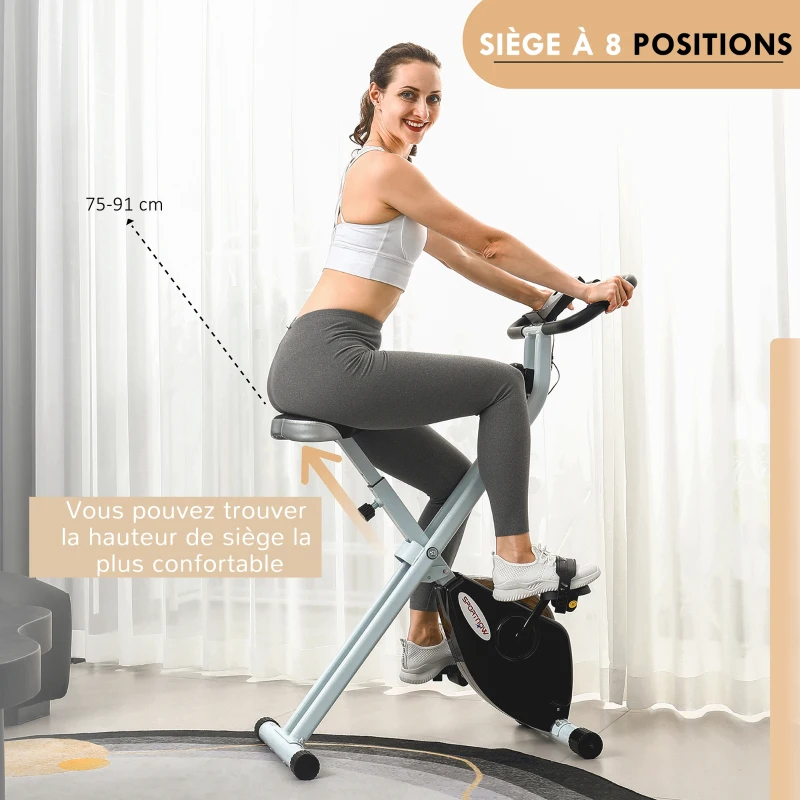 SPORTNOW Vélo d'appartement pliant, silencieux avec résistance magnétique à 8 niveaux, siège réglable, écran LCD, blanc