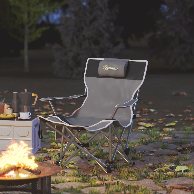 Outsunny Chaise de camping pliante fauteuil de pêche avec repose-pied amovible, appui-tête, porte-gobelet, sac de transport gris