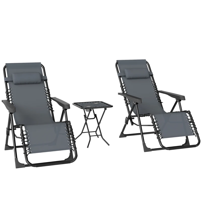 Outsunny Lot de 2 chaise longue pliable et inclinable avec table d'appoint, porte-gobelets et appuie-têtes, charge 120 kg, gris