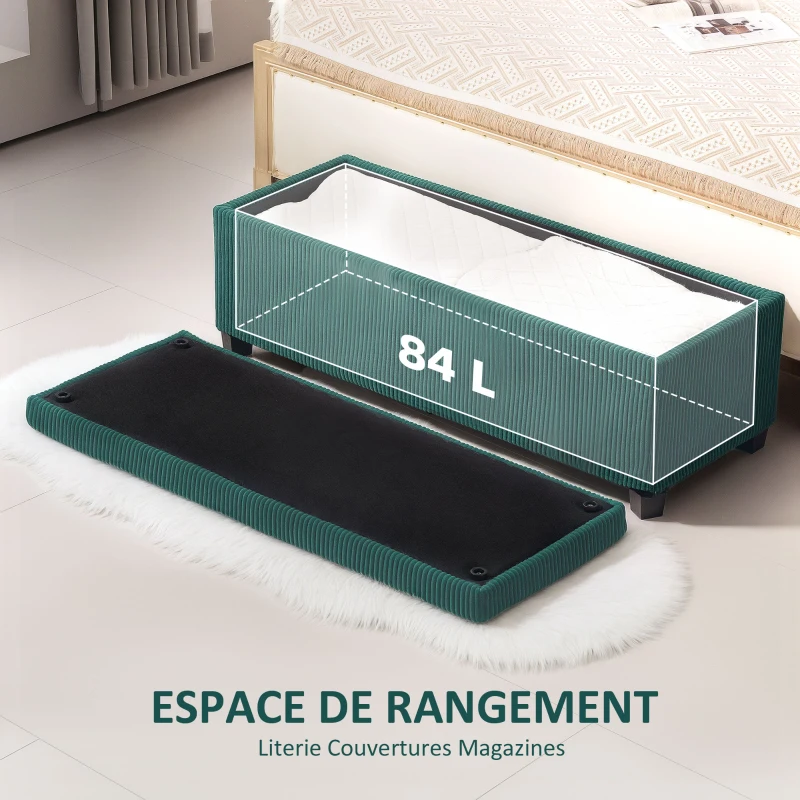 HOMCOM Banc de rangement bout de lit en velours côtelé avec couvercle, pour salon, chambre, entrée, 112 x 42 x 40 cm, vert