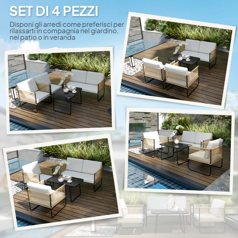 Outsunny Set da Giardino 4 Pezzi in Rattan e Acciaio con Divanetto, 2 Poltrone da Esterno e Tavolino Basso, Multicolore