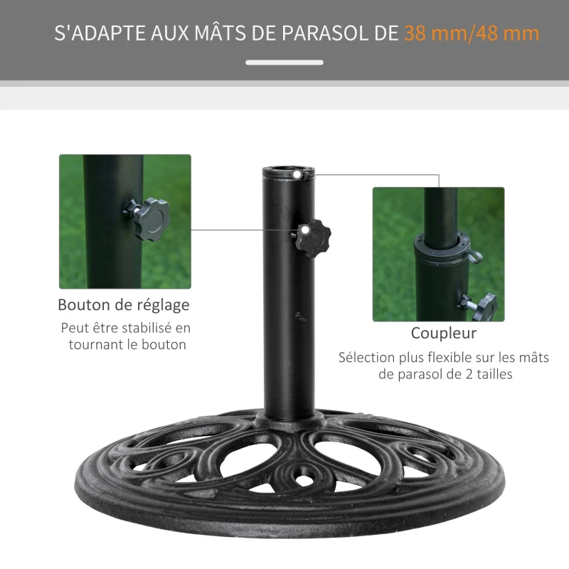Outsunny Pied de parasol rond en fonte 11,5 kg, pour poteaux de Ø 38 et 48 mm, pour jardin patio terrasse, Ø 45 x 33,5 cm, noir
