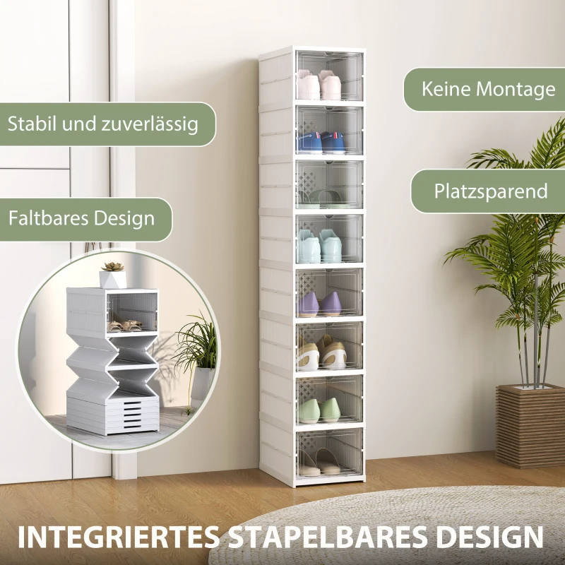 HOMCOM Regał na Buty 8-Poziomowy, Składany, z Wentylowanym Tyłem, Plastikowy, Biały