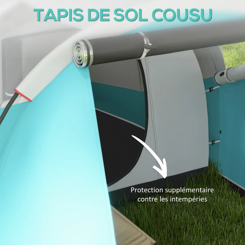 Outsunny Tente de camping familiale 3 personnes, tente tunnel imperméable, 2 portes fenêtres, ventilée 4,6 x 2,6 x 1,9 m, bleu