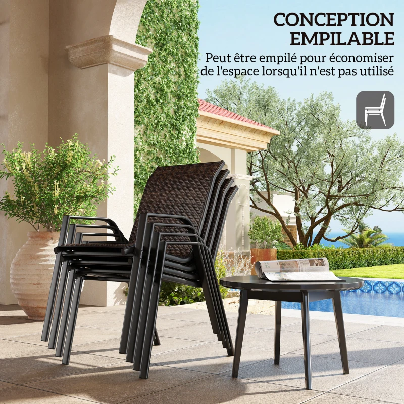 Outsunny Lot de 4 chaises de jardin empilables, fauteuil d'extérieur avec accoudoirs et revêtement en résine tressée marron