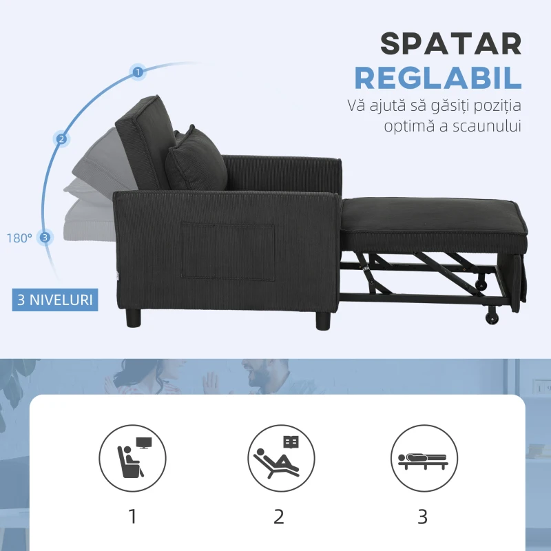HOMCOM Fotoliu-Pat 3 în 1 cu Buzunare Laterale și Spătar Rabatabil, Fotoliu Modern Convertibil în Pat, 74x84x81 cm, Gri(m-5)