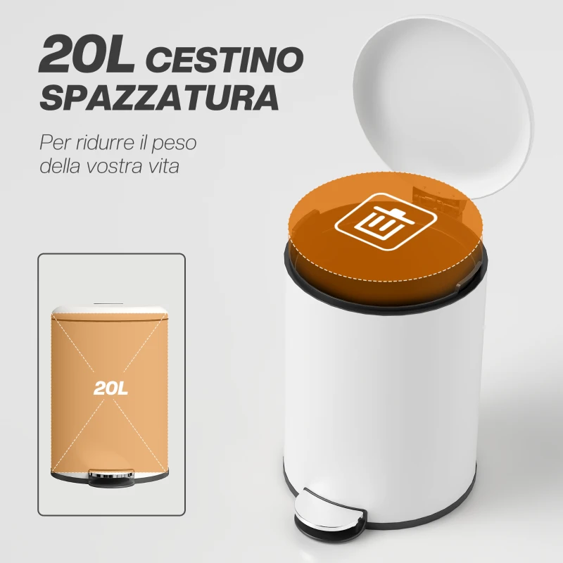 HOMCOM Bidone Immondizia a Pedale da 20L con Coperchio a Chiusura Morbida, in Metallo e PP, 36x30x44.5 cm, Crema