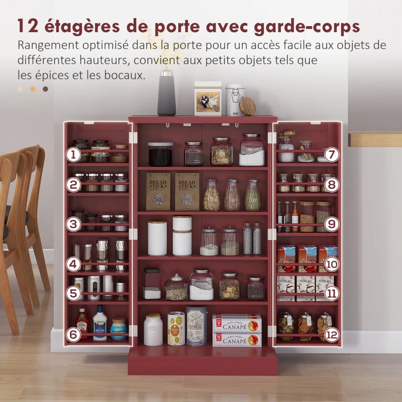 HOMCOM Armoire meuble de cuisine garde-manger 2 portes avec 5 étagères et 12 porte-épices - 60 x 30 x 104 cm - rouge