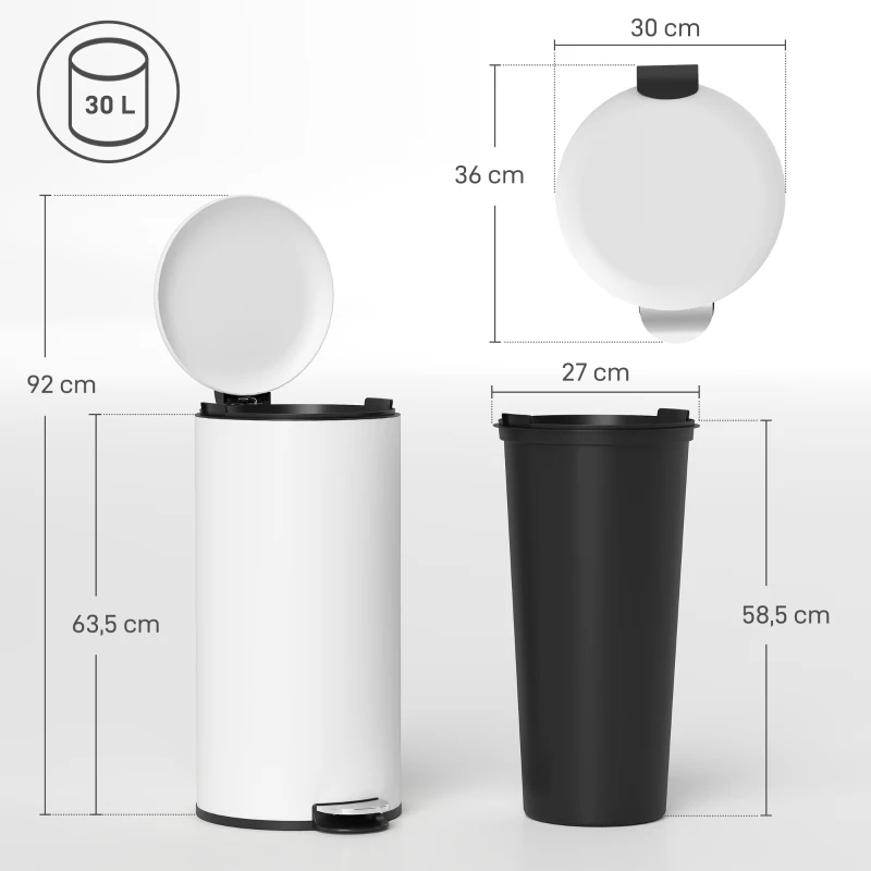 HOMCOM Papelera de Cocina 30L con Pedal Tapa de Cierre Suave y Cubo Extraíble para Dormitorio Oficina Estudio Salón Crema
