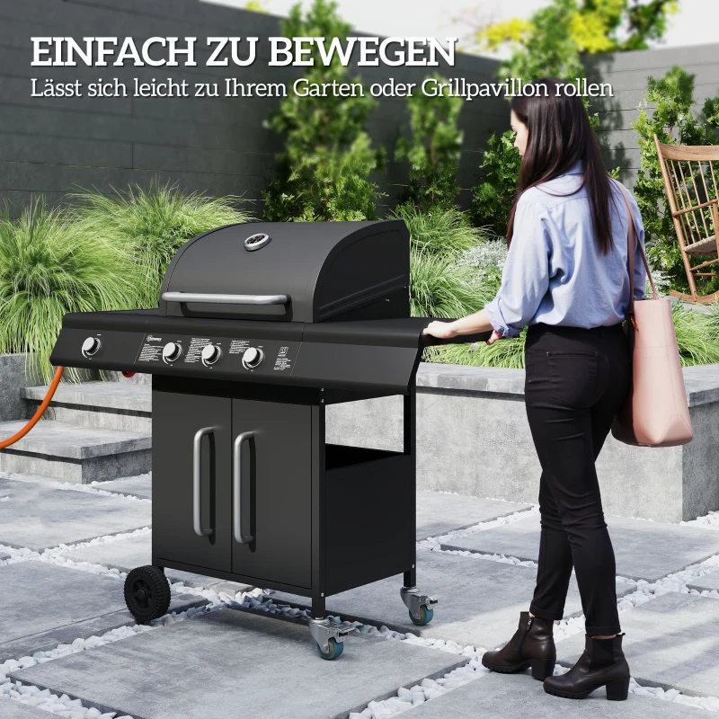 Outsunny Verrijdbare Gasbarbecue met Opbergruimte, Zijtafel, Zijbrander, Warmhoudrek, Thermometer, Roestvrijstaal, Zwart