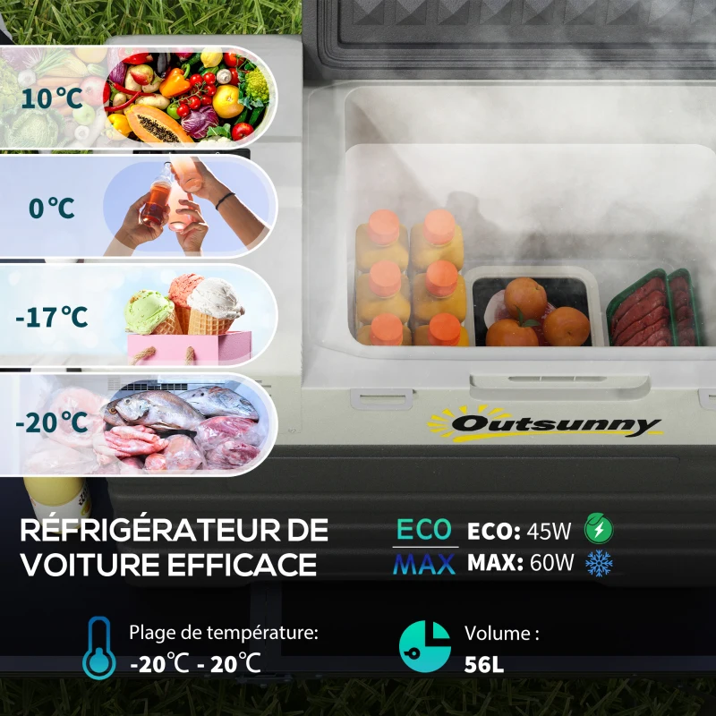 Outsunny Glacière électrique à compression 56L portable avec modes ECO/MAX, tige télescopique et roulettes, noir