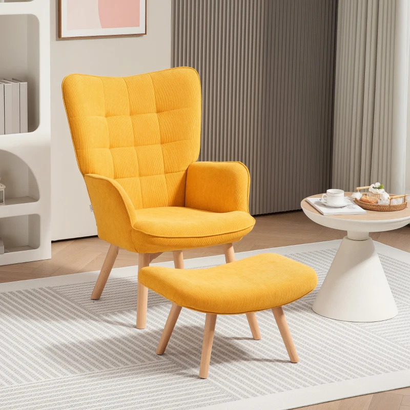 HOMCOM Accentstoel met Voetenbank, Relaxstoel in Corduroy Look, Armleunstoel met Houten Poten, voor Woonkamer, Oranje