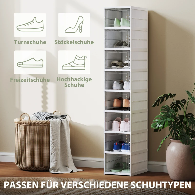 HOMCOM Regał na Buty 8-Poziomowy, Składany, z Wentylowanym Tyłem, Plastikowy, Biały