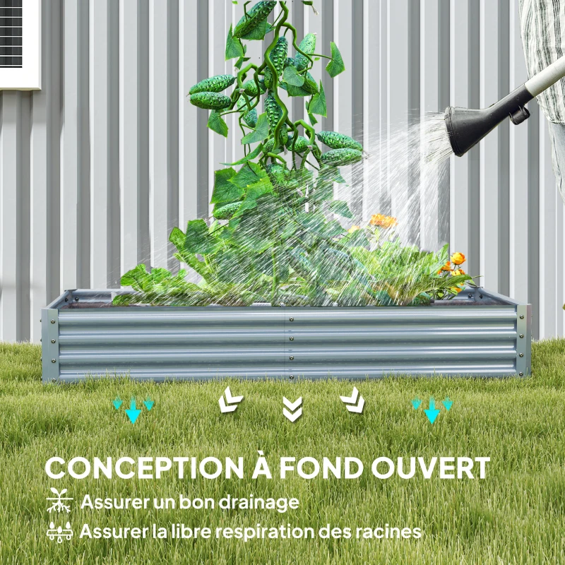 Outsunny Carré potager rectangulaire, lit de jardin surélevé en acier galvanisé, fond ouvert, 180 x 90 x 30 cm, gris argenté