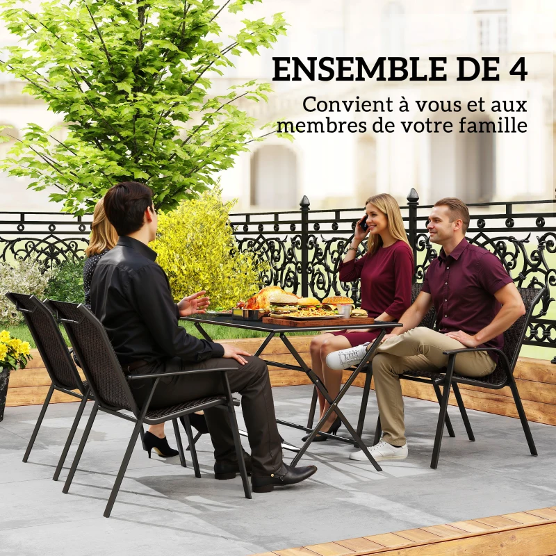 Outsunny Lot de 4 chaises de jardin empilables, fauteuil d'extérieur avec accoudoirs et revêtement en résine tressée marron