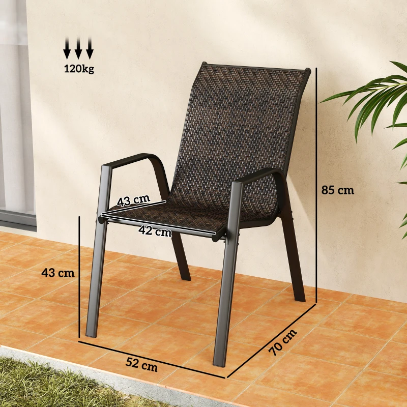 Outsunny Lot de 4 chaises de jardin empilables, fauteuil d'extérieur avec accoudoirs et revêtement en résine tressée marron