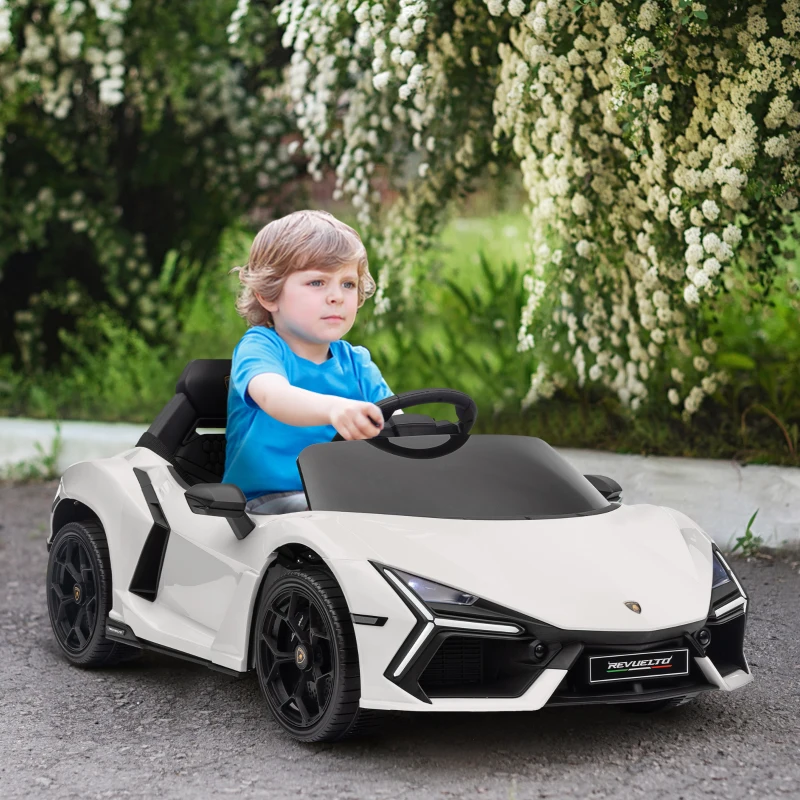 AIYAPLAY Coche Eléctrico para Niños de +3 Años Lamborghini Revuelto con Mando a Distancia Faros LED Bocina Música Blanco
