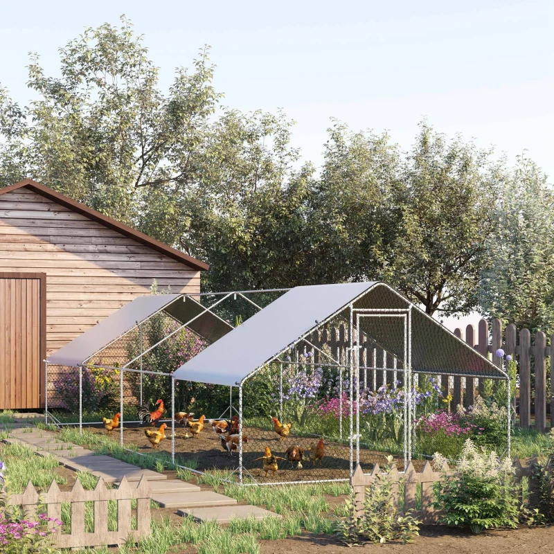 PawHut Gallinero para Exterior Jaula para Gallinas de Acero Galvanizado con Cubierta de PE y Cerradura 3x8x2 m Plata