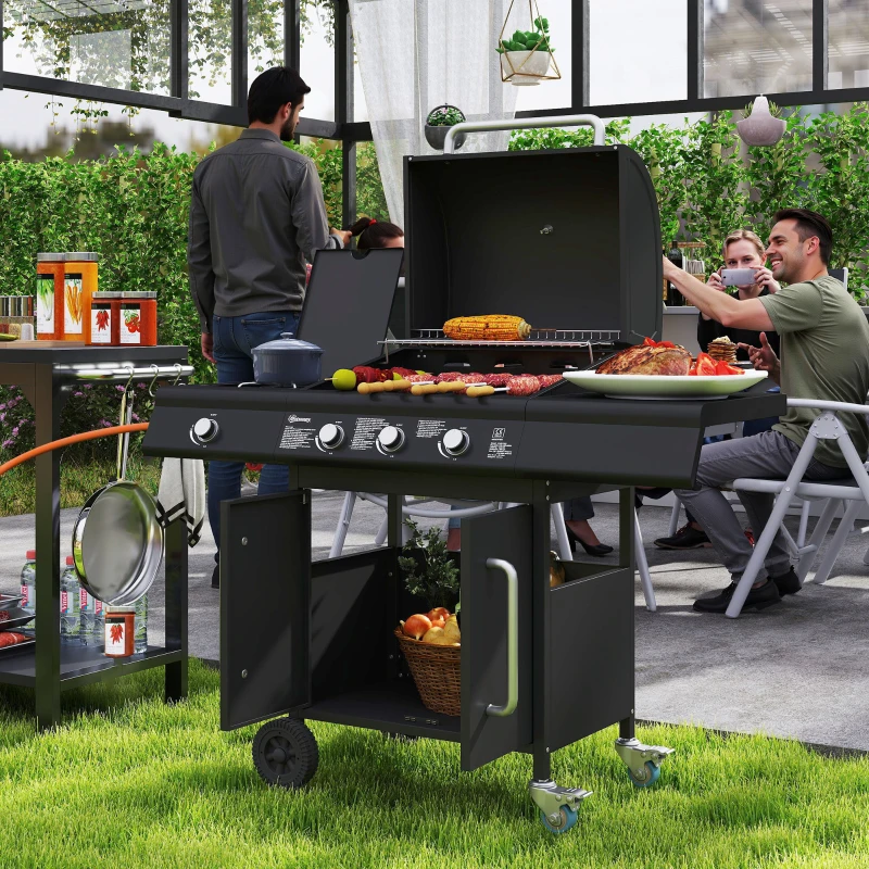 Outsunny Verrijdbare Gasbarbecue met Opbergruimte, Zijtafel, Zijbrander, Warmhoudrek, Thermometer, Roestvrijstaal, Zwart