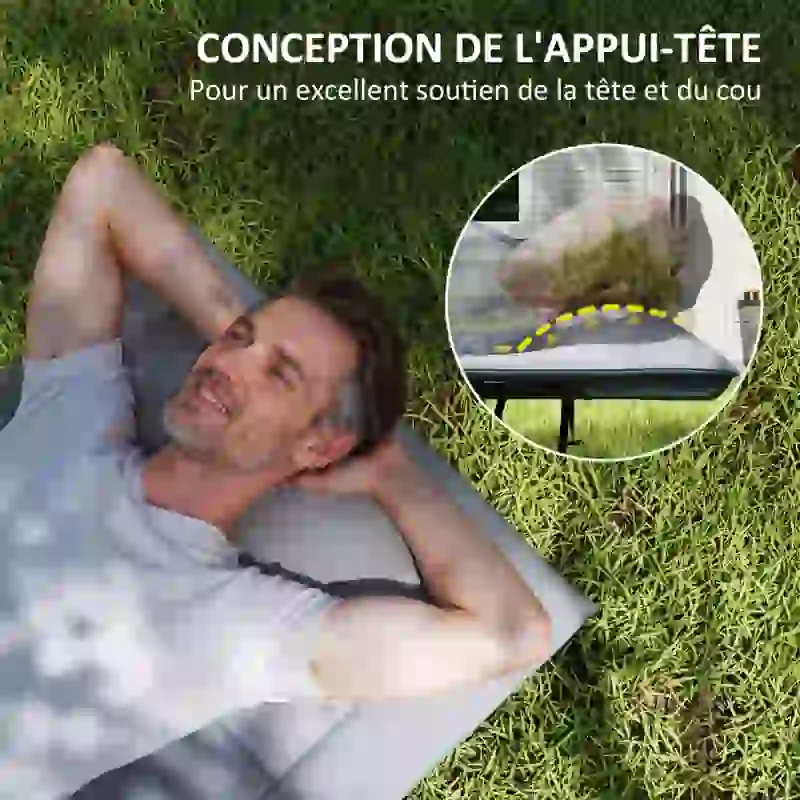 Outsunny Lit de camp pliable 1 personne pour adultes avec coussin et appui-tête, poche latérale, charge jusqu'à 150 kg, gris