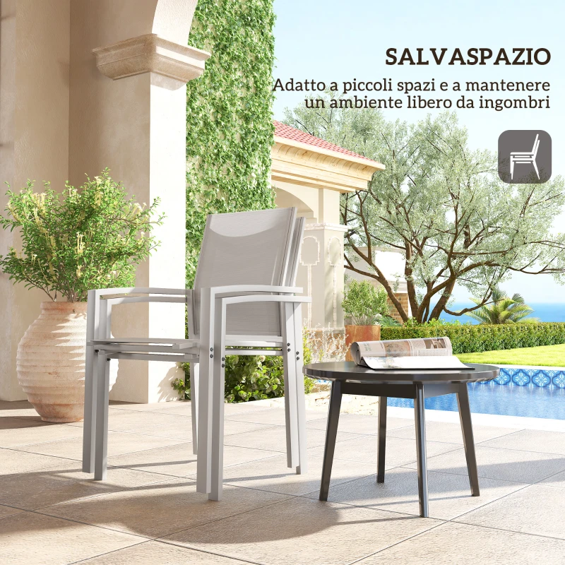 Outsunny Set 2 Sedie da Giardino Impilabili con Seduta Traspirante, in Acciaio e Textilene, 56x58x89 cm, Grigio Chiaro