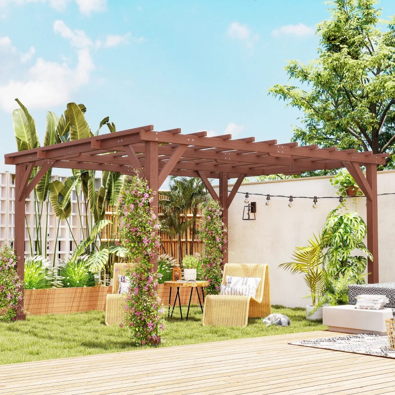 Outsunny Tonnelle de jardin stable pour plantes grimpantes, pergola en bois, 3,3 x 3,8 m, treillis pour vignes et fleurs