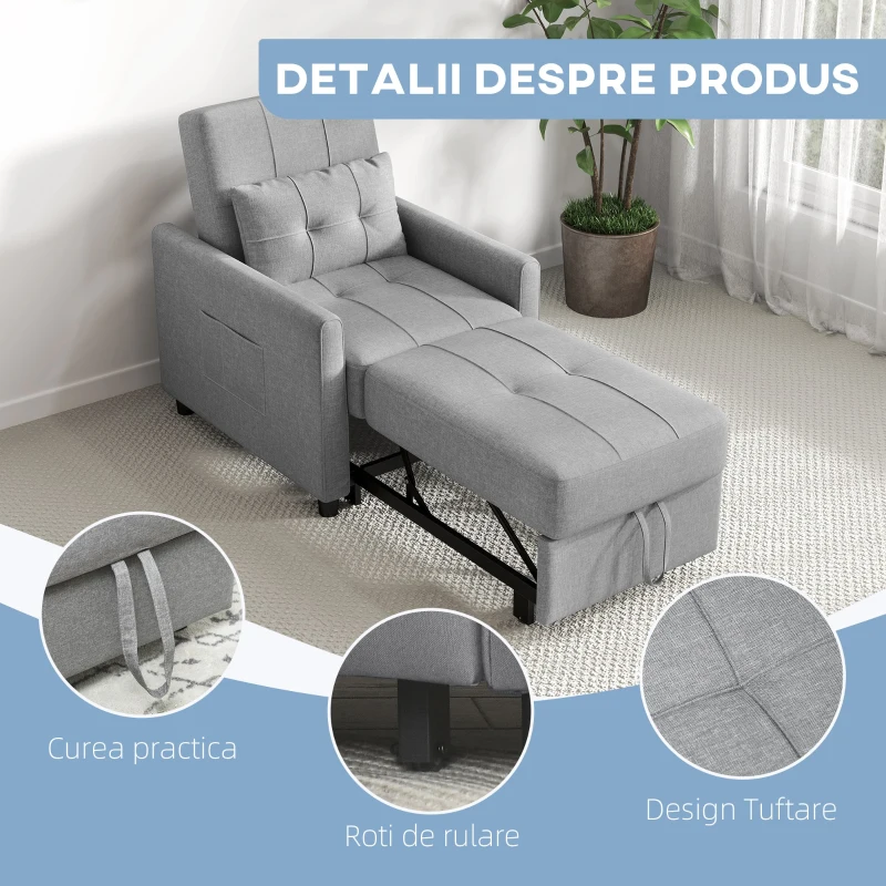 Homcom Fotoliu Pat Individual – Reglabil pe 3 Nivele, cu Perna & Roti(m-7)