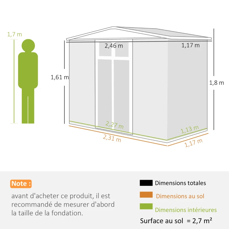 Outsunny Abri de jardin en métal 2,7 m² avec fenêtre, 4 évents et porte verrouillable, 246 x 117 x 180 cm, gris