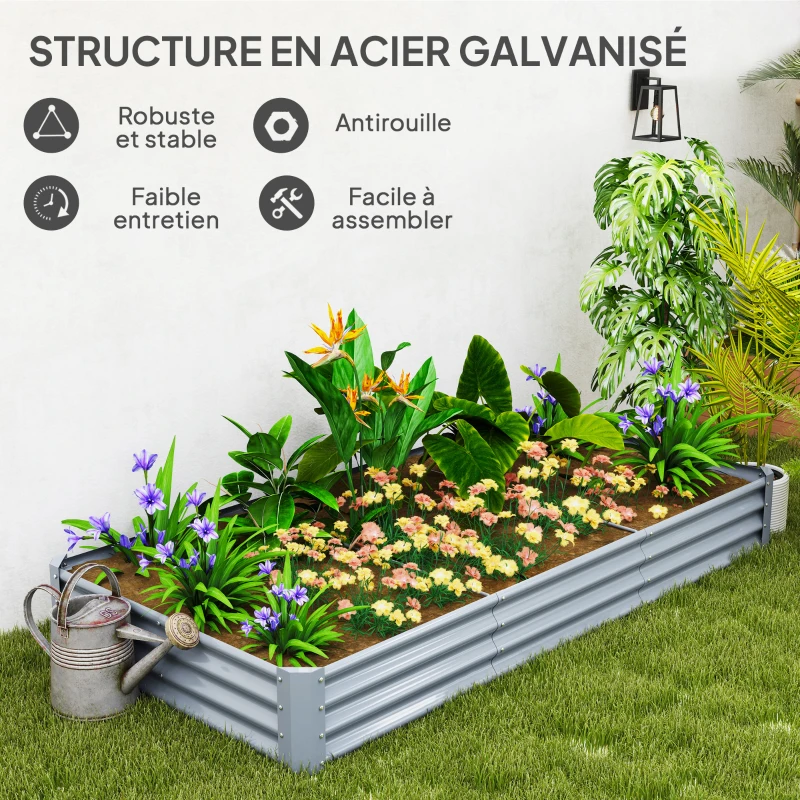 Outsunny Carré potager rectangulaire, lit de jardin surélevé en acier galvanisé, fond ouvert, 240 x 120 x 30 cm, gris argenté