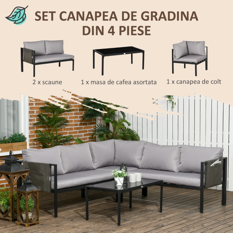 Outsunny Set pentru gradina 4 bucati cu 2 canapele 2 locuri, fotoliu de colt si masuta de cafea din geam securizat, gri si negru