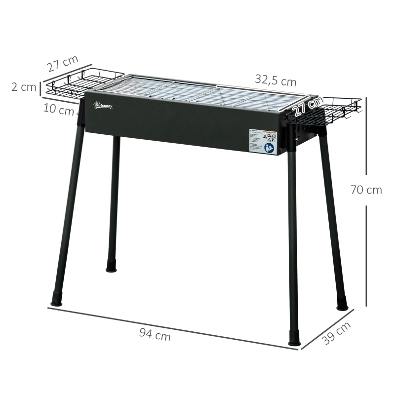 Outsunny Barbecue a Carvão com 2 Grelhas de Aço Inoxidável Portátil com 2 Prateleiras para Temperos com Ganchos 77x30x70 cm Preto