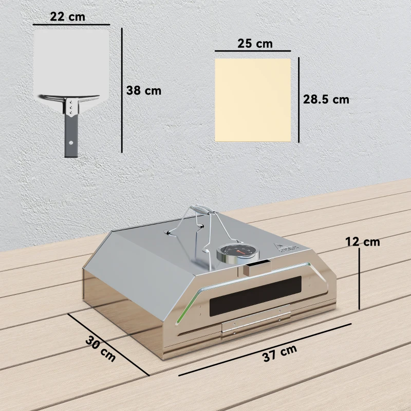 Outsunny 8 in Portable Stainless Steel BBQ Grill Top Pizza Oven with Built-in Thermometer and Viewing Window for Gas and Charcoal BBQ Grills, Includes Carry Handles, Pizza Stone and Peel, Silver Tone