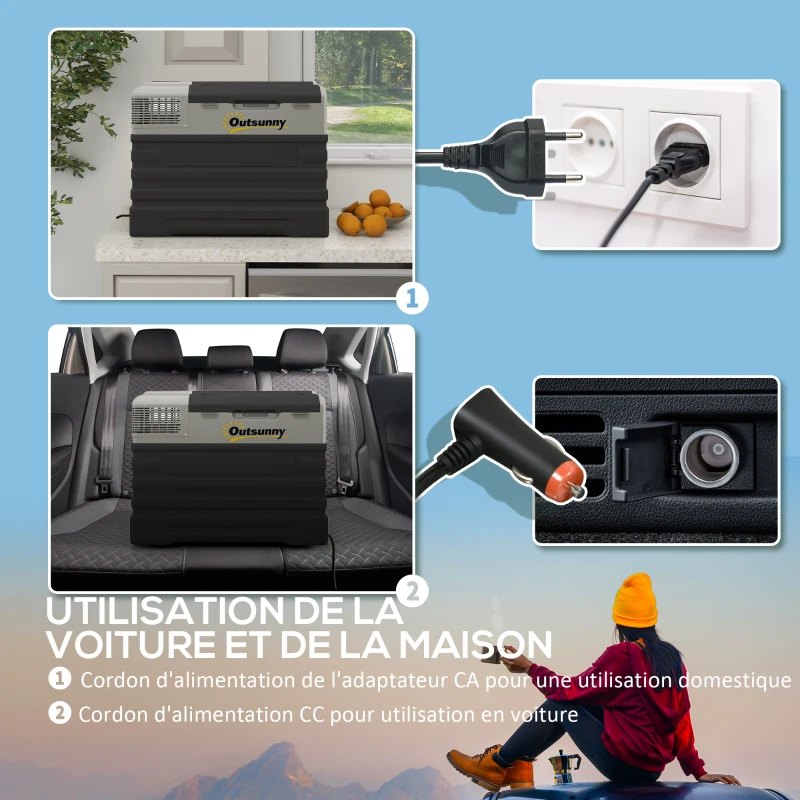 Outsunny Glacière électrique à compression 56L portable avec modes ECO/MAX, tige télescopique et roulettes, noir