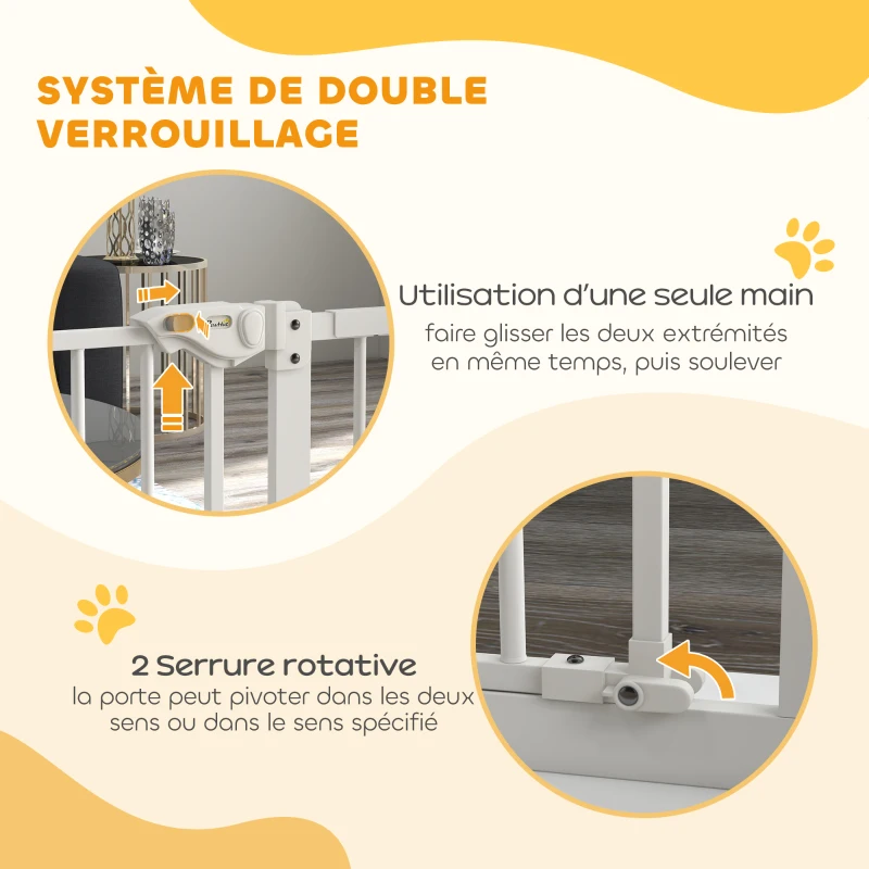 PawHut Barrière de sécurité animaux porte fermeture automatique système de double verrouillage sans perçage 1 extension blanc(m-4)