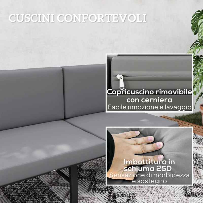 Outsunny Divano da Giardino 3 in 1 Reclinabile su 5 Posizioni con Cuscini, 180x63.5x68 cm, Grigio