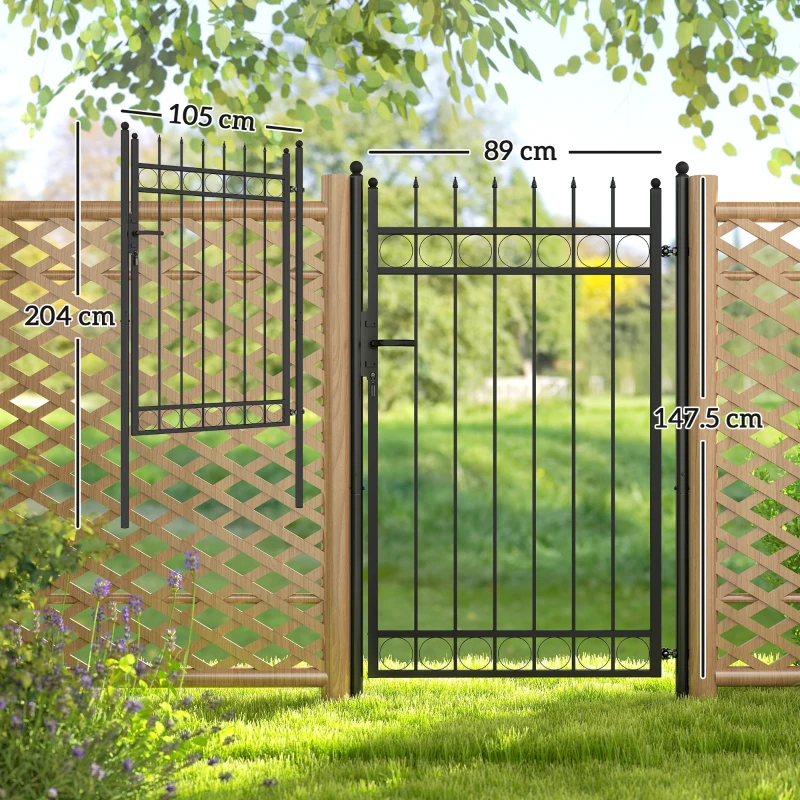 Outsunny Galvanised Steel Garden Gate, Outdoor Fence Gate Security Barrier with Lock, Keys and Handle, Outdoor Entrance Way Door with Classic Finials, 105 x 204 cm, Black