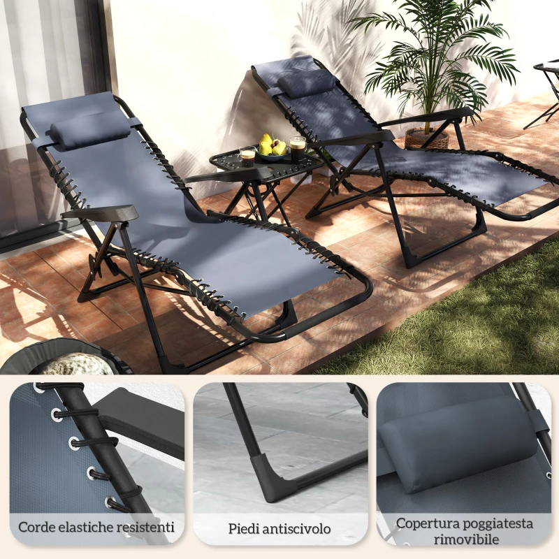 Outsunny Set 2 Sedie Sdraio a Gravità Zero Pieghevoli con Schienale Regolabile e Tavolino, Grigio