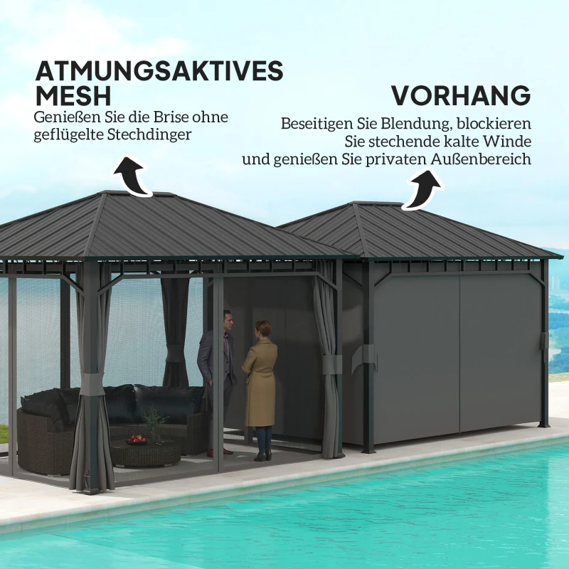 Outsunny Garten-Pavillon, Metallpavillon, wasserfest, UV-beständig, Terrassenpavillon mit Netzwänden und Vorhängen, Dunkelgrau