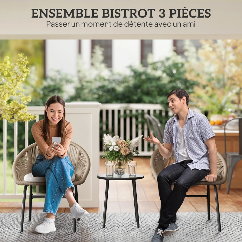 Outsunny Ensemble salon de jardin pour 2 personnes avec coussins d'assise moelleux avec corde en résine tressée et acier kaki