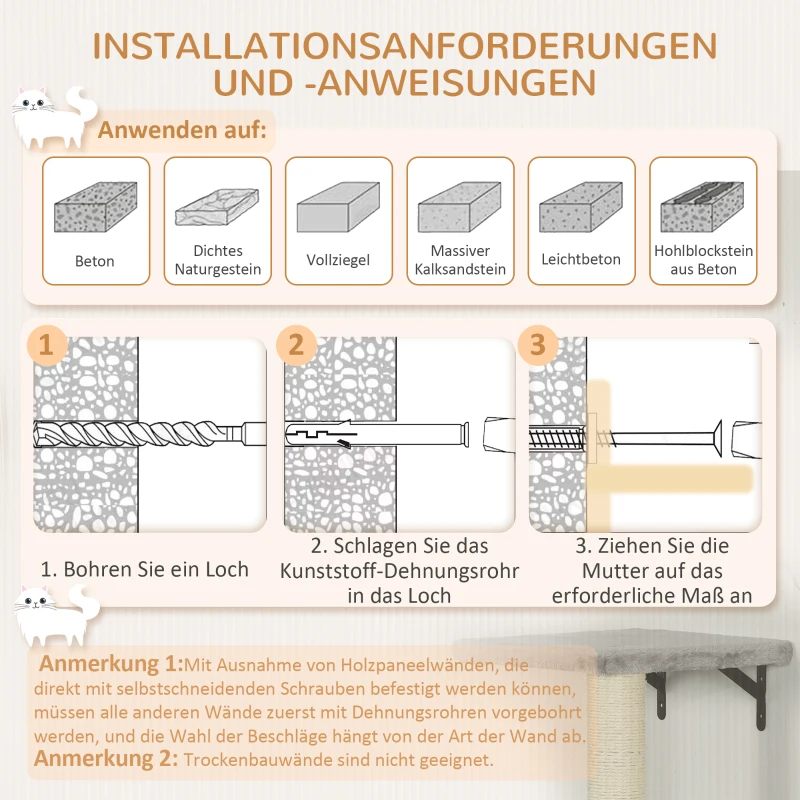 PawHut Kletterwand Katzen 7-teilig Katzen Kletterwand Set mit Katzenhaus, Plattform, Plattform Grau
